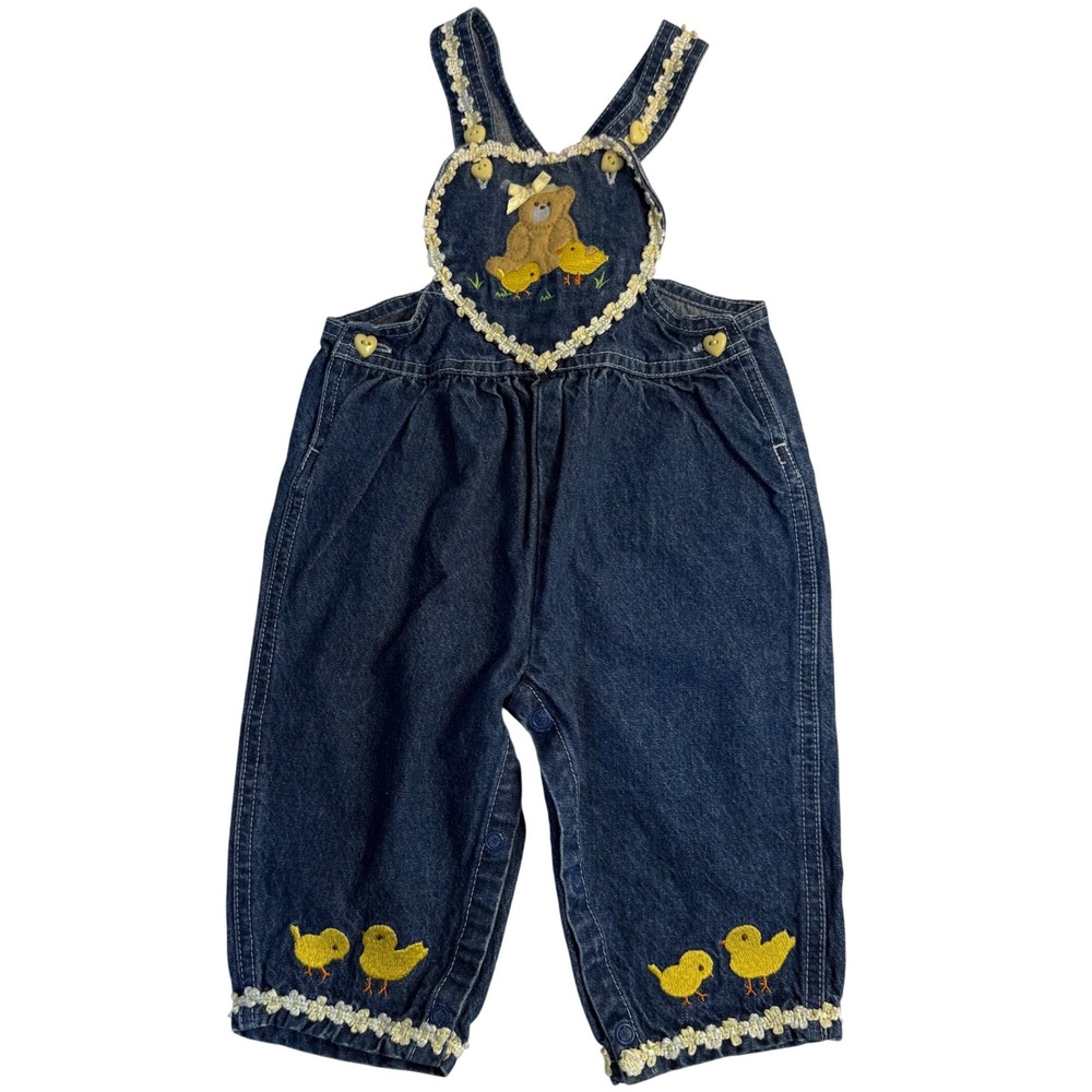 Vintage 90s Farm Bear Duck Chick Embroidered Denim Overalls 6-9 months girls